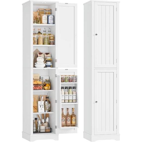 71" Tall Narrow Storage Cabinet with 2 Reversible Doors, Small Kitchen Pantry Cabinet with Adjustable Shelves & Spice Rack, Slim Storage Cabinets for Bathroom, Living Room, Entryway, White