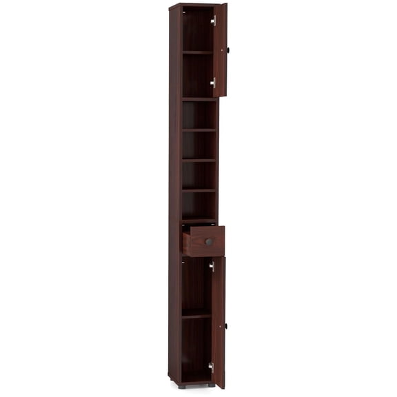 71" Tall Narrow Storage Cabinet, Bathroom Cabinet with 1 Drawer 2 Doors and 5 Open Shelves, Slim Bathroom Storage Cabinet for Home, Small Space, Brown