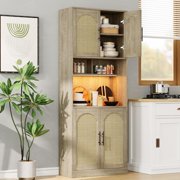 71" Tall Pantry Cabinet with Countertop, Kitchen Cabinets with LED Light Strip & Microwave Shelf, Kitchen Hutch Storage Cabinet with Adjustable Shelves for Dining Room, Oak