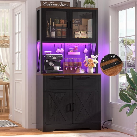 71" Tall Pantry Cabinet with Outlets and LED Light, Homieasy 5-Layer Storage Cabinet with 2 Drawers and DIY Pegboard for Kitchen, Dining, Living Room, Garage, Black & Rustic