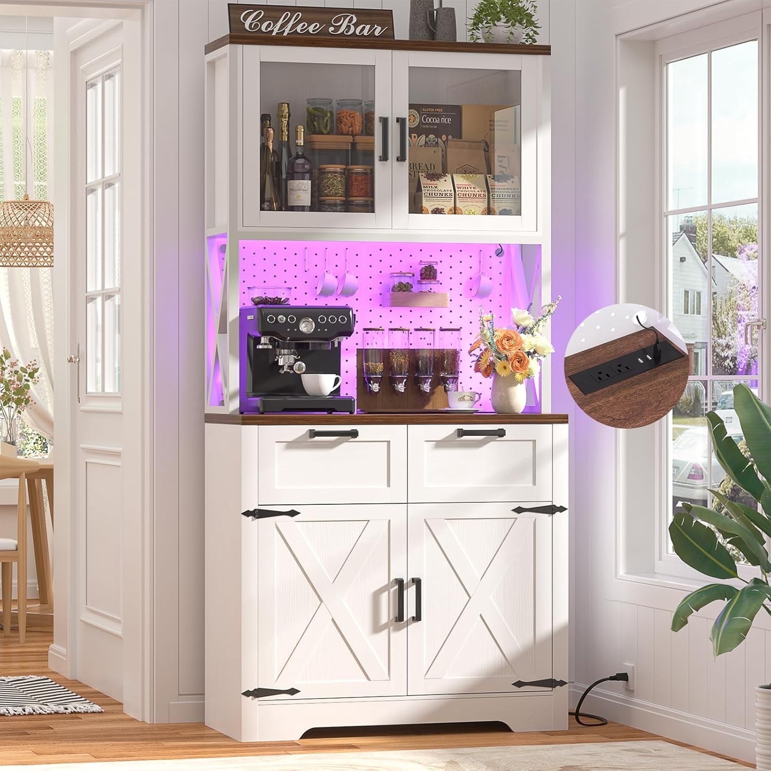 71" Tall Pantry Cabinet with Outlets and LED Light, Homieasy 5-Layer Storage Cabinet with 2 Drawers and DIY Pegboard for Kitchen, Dining, Living Room, Garage, White & Rustic