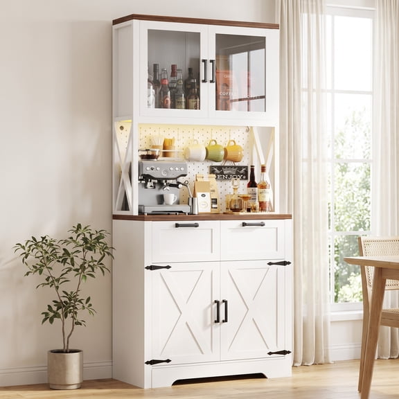 71" Tall Pantry Cabinet with Outlets and LED Light, Homieasy 5-Layer Storage Cabinet with 2 Drawers and DIY Pegboard for Kitchen, Dining, Living Room, Garage, White & Rustic