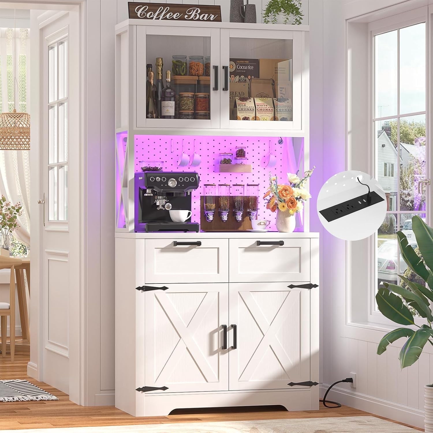 71" Tall Pantry Cabinet with Outlets and LED Light, Homieasy 5-Layer Storage Cabinet with 2 Drawers and DIY Pegboard for Kitchen, Dining, Living Room, Garage, White