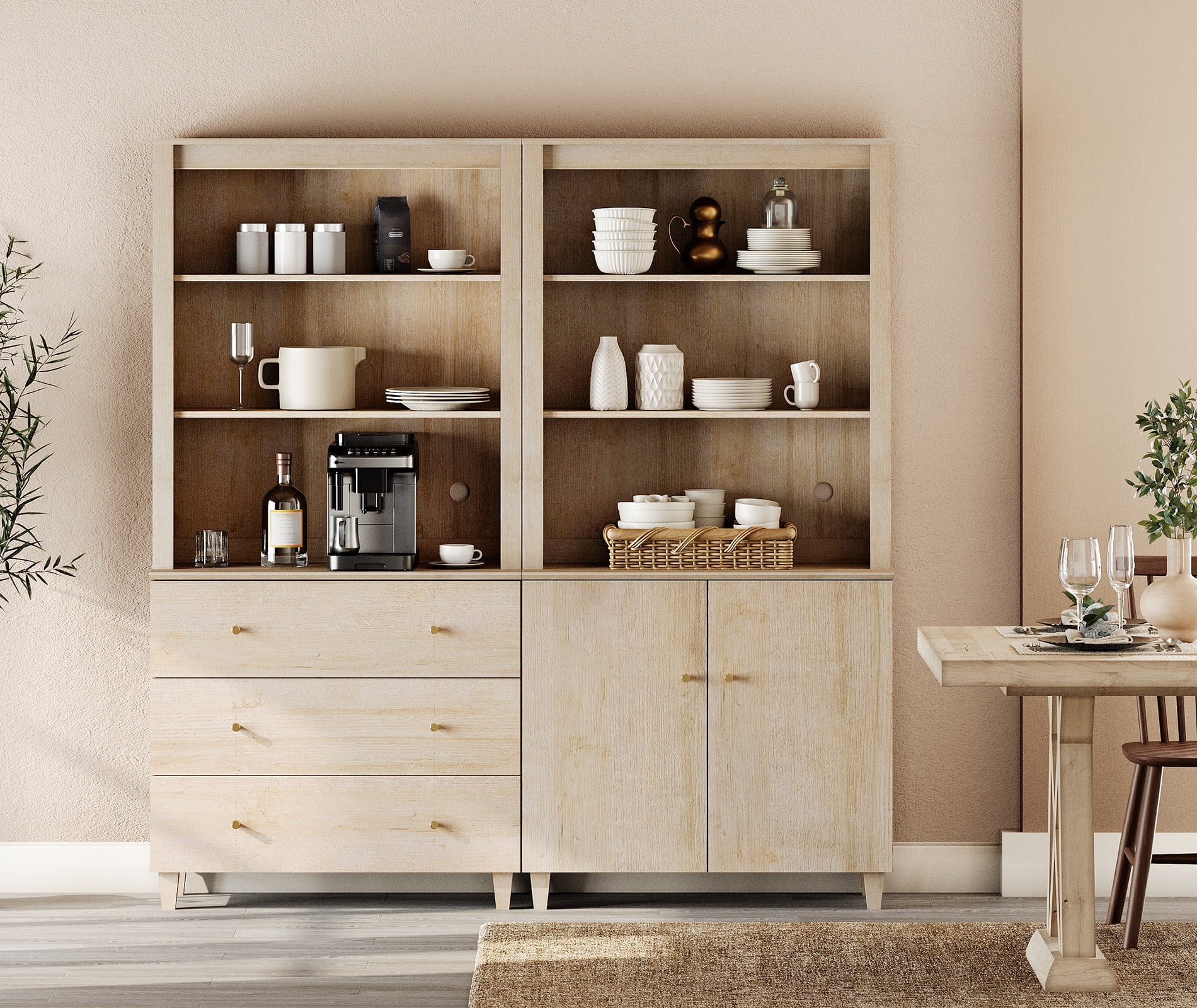 71" Tall Pantry Cabinet Set of 2, 5-Tier Kitchen Storage Pantries with Cabinets and Drawers, Modern Modular Storage Cabinets for Dining Room, Light Oak