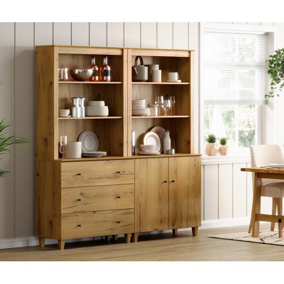 71" Tall Pantry Cabinet Set of 2, Kitchen Storage Pantries with Cabinets and Drawers, Modern Modular Storage Cabinets with Open Display Shelves and Doors for Dining Room, Oak Brown