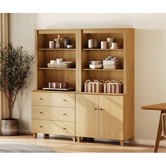 71" Tall Pantry Cabinet Set of 2, Kitchen Storage Pantries with Cabinets and Drawers, Modern Modular Storage Cabinets with Open Display Shelves and Doors for Dining Room, Oak