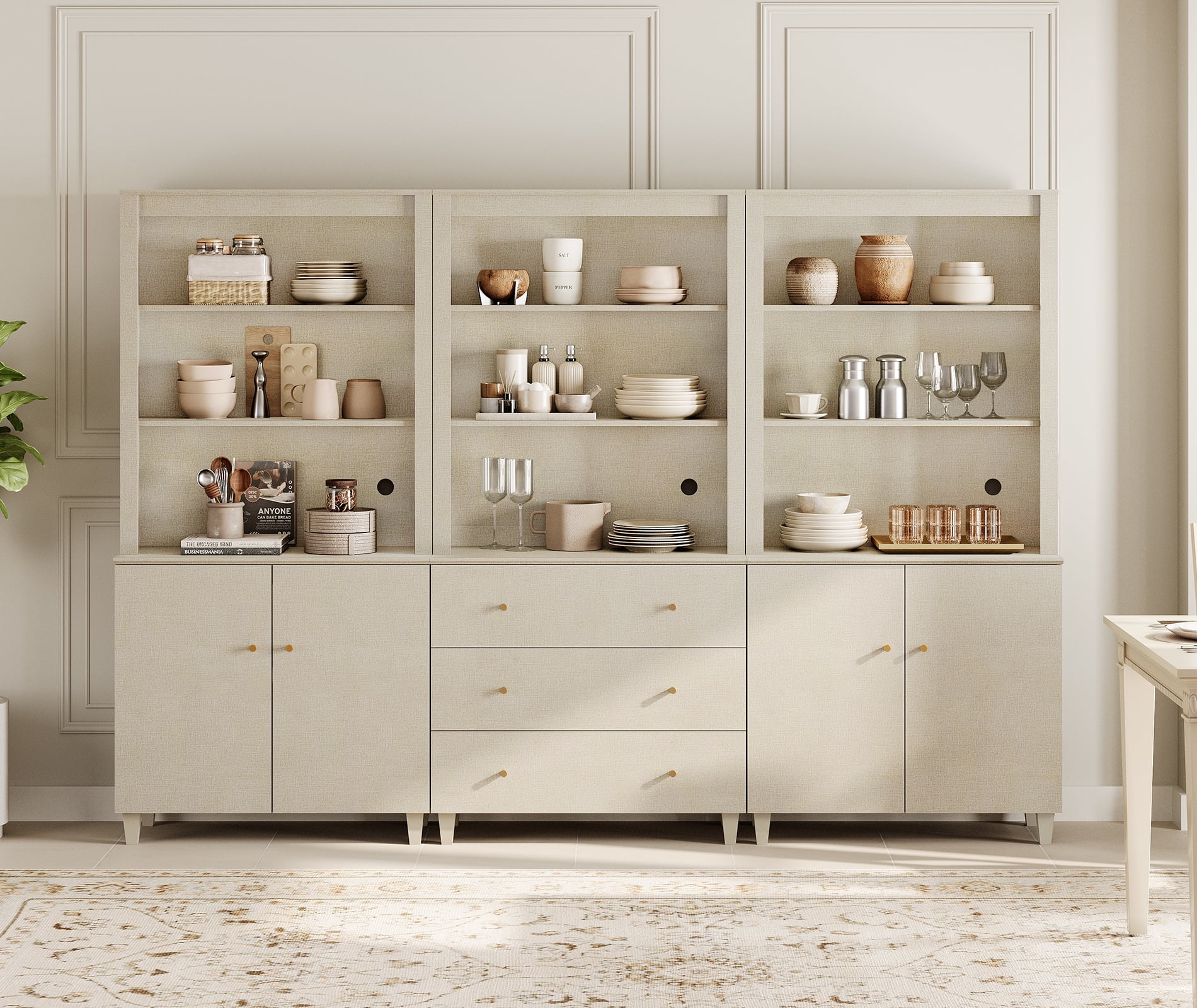 71" Tall Pantry Cabinet Set of 3, 5-Tier Kitchen Storage Pantries with 2 Cabinets and 3 Drawers, Modern Modular Storage Cabinets for Dining Room, Beige