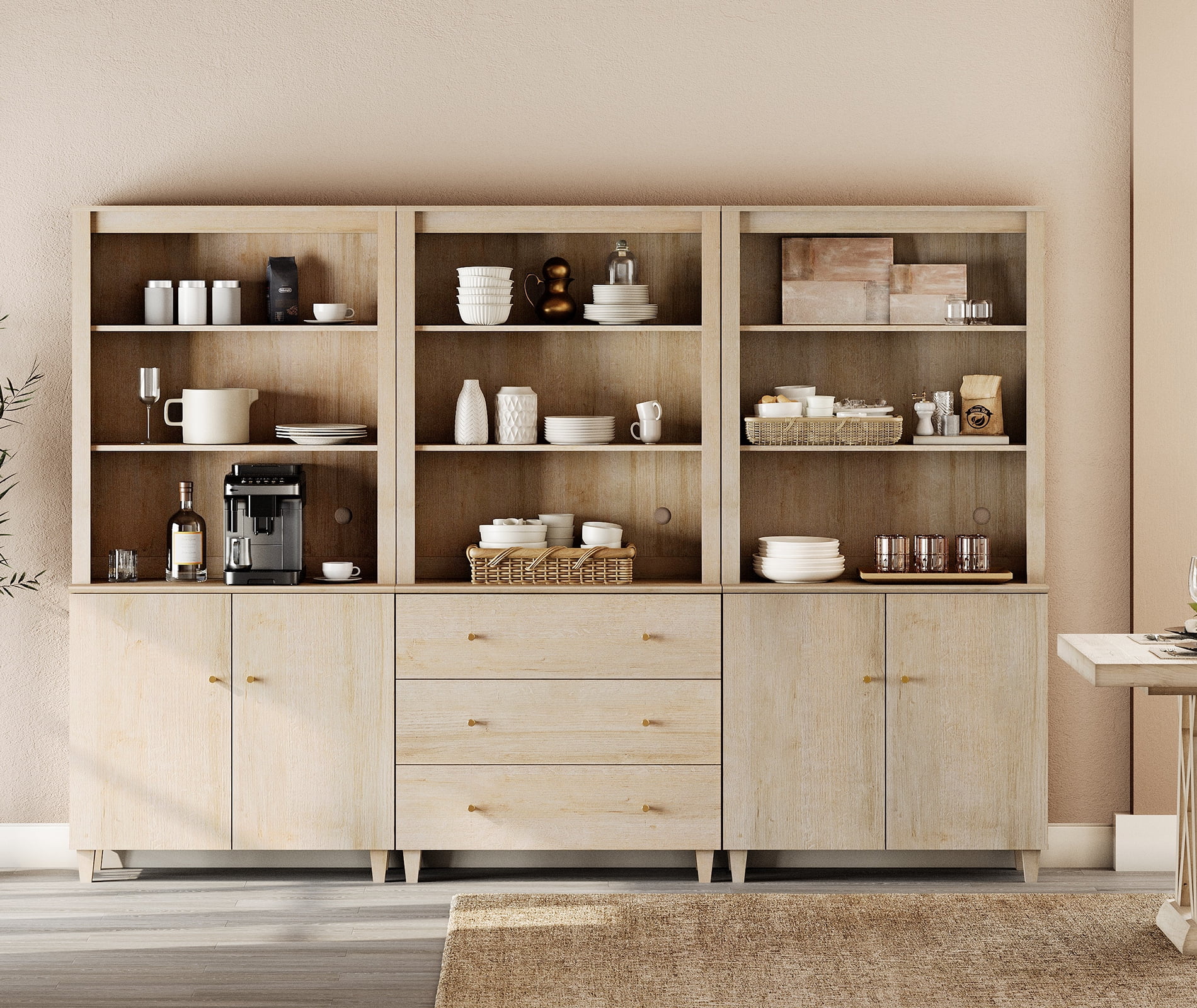 71" Tall Pantry Cabinet Set of 3, 5-Tier Kitchen Storage Pantries with 2 Cabinets and 3 Drawers, Modern Modular Storage Cabinets for Dining Room, Light Oak