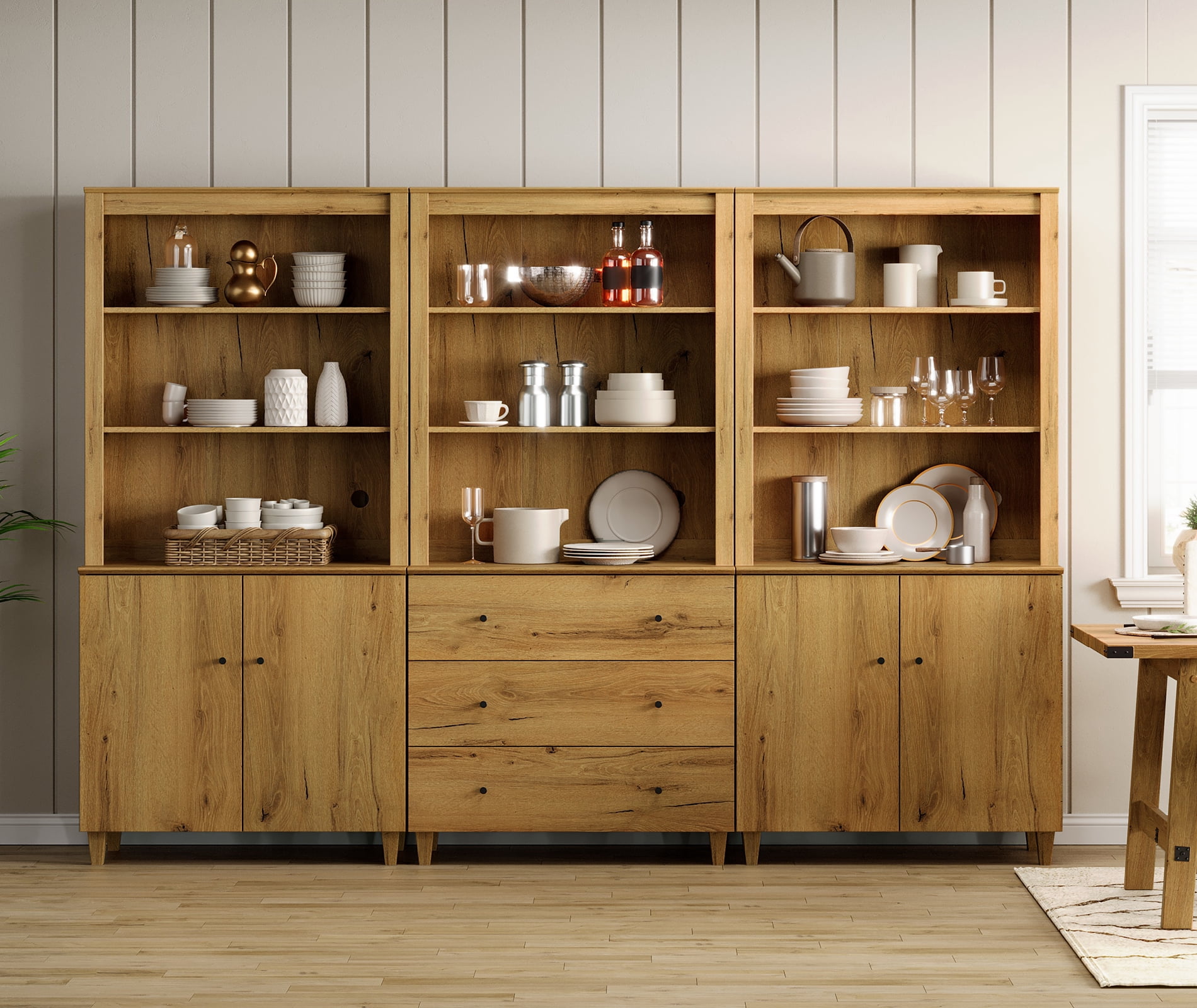 71" Tall Pantry Cabinet Set of 3, 5-Tier Kitchen Storage Pantries with 2 Cabinets and 3 Drawers, Modern Modular Storage Cabinets for Dining Room, Oak Brown