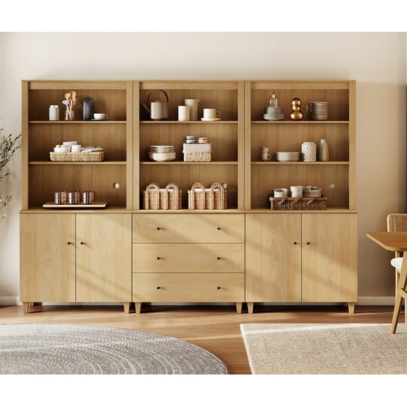 71" Tall Pantry Cabinet Set of 3, 5-Tier Kitchen Storage Pantries with 2 Cabinets and 3 Drawers, Modern Modular Storage Cabinets for Dining Room, Oak