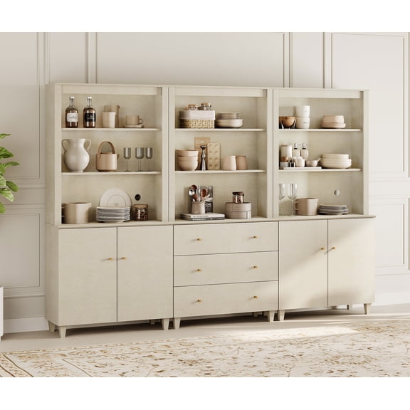 71" Tall Pantry Cabinet Set of 3, Kitchen Storage Pantries with 2 Cabinets and 3 Drawers, Modern Modular Storage Cabinets with Open Display Shelves and Doors for Dining Room, Beige