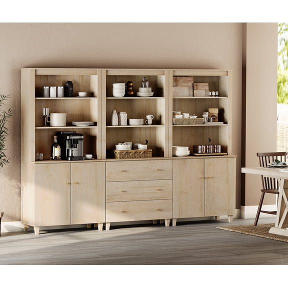 71" Tall Pantry Cabinet Set of 3, Kitchen Storage Pantries with 2 Cabinets and 3 Drawers, Modern Modular Storage Cabinets with Open Display Shelves and Doors for Dining Room, Light Oak
