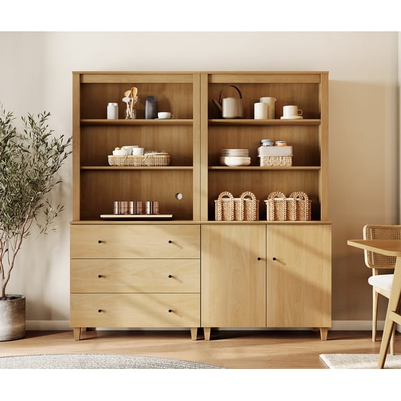 71" Tall Pantry Cabinet Set of 2, 5-Tier Kitchen Storage Pantries with Cabinets and Drawers, Modern Modular Storage Cabinets for Dining Room, Oak