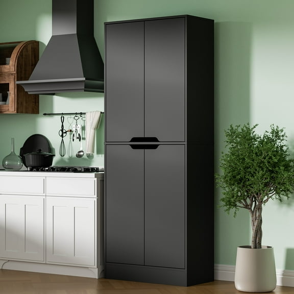 71" Tall Pantry Cabinet with 4 Doors, Freestanding Larder & Kitchen Hutch Cabinet with Adjustable Shelves for Dining Room, Black