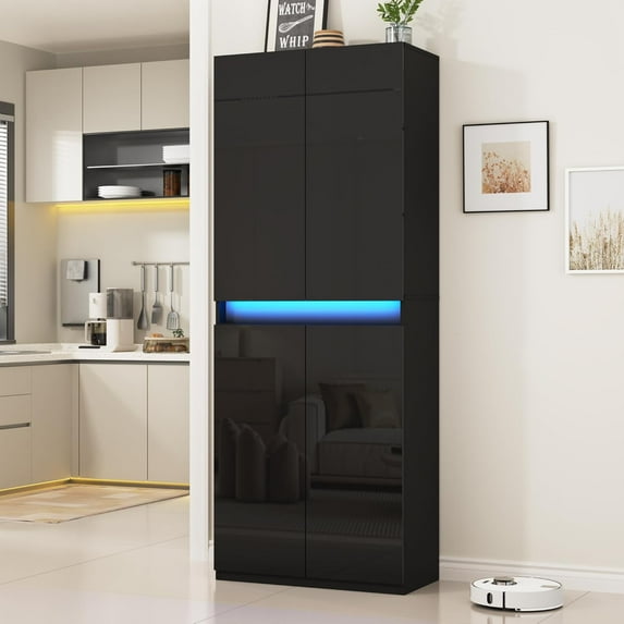 71" Tall Pantry Storage Cabinet, Kitchen Pantry with High Gloss Doors, Modern Buffet Hutch Cabinet with Led Light and Adjustable Shelves for Dining Room, Living Room, Black
