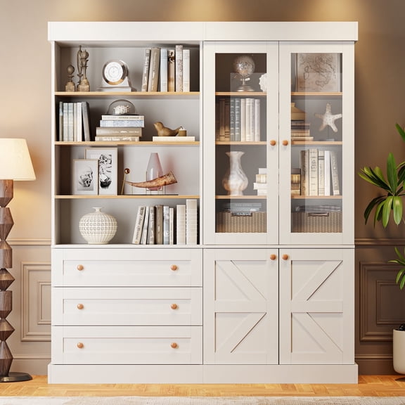 71"Tall Pantry Storage Cabinet,Wood Kitchen Cabinet with Glass Doors&Drawers and Adjustable Shelves for Dining Room Living Room,White,2 Pcs