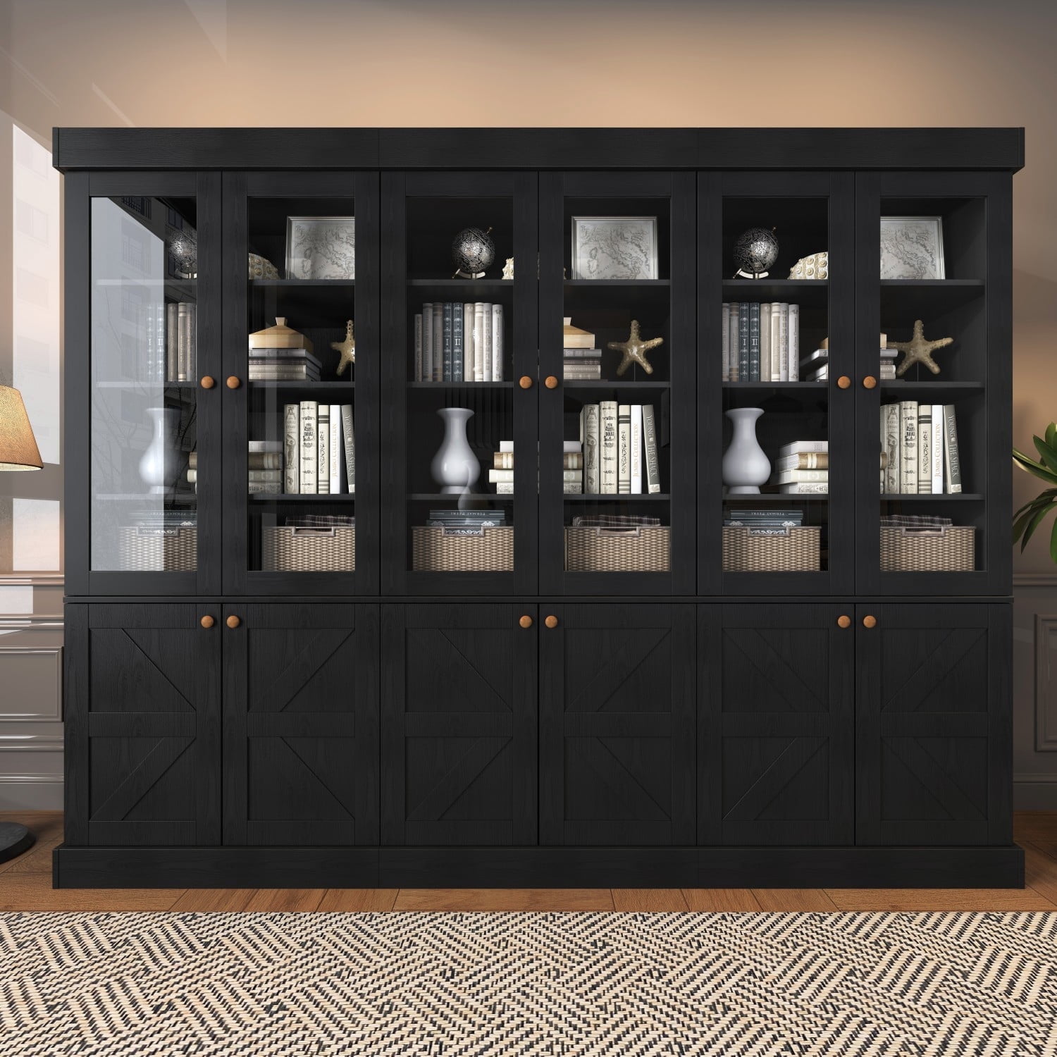71"Tall Pantry Storage Cabinet,Wood Kitchen Cabinet with Glass Doors and Adjustable Shelves for Dining Room Living Room,Black,3Pcs