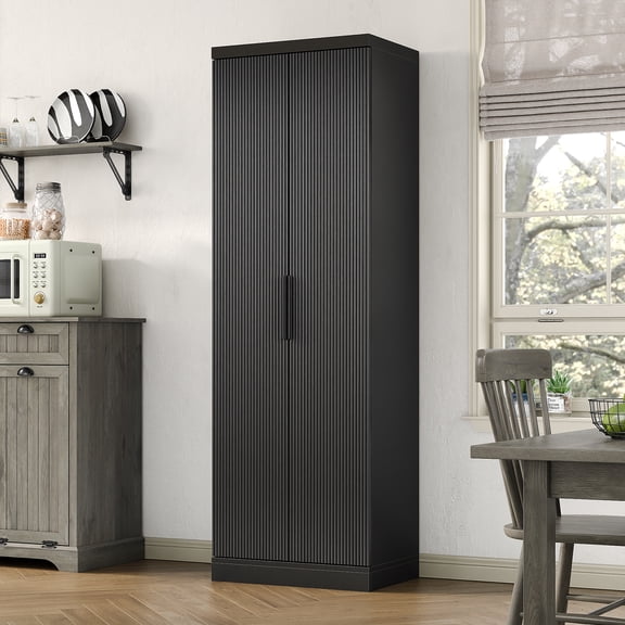 71'' Tall Storage Kitchen Pantry Cabinet with Adjustable Shelves&Fluted Door, 5-Tier Cabinet for Living Room Kitchen Dinning Room Bedroom,Black
