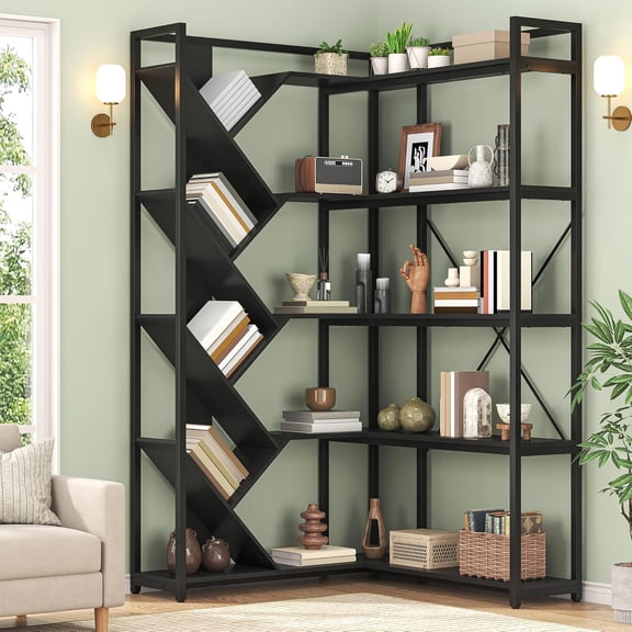 71" Tall Tree Bookshelf, 5-Tier L-Shaped Corner Bookshelf with Industrial Metal Frame, Modern Retro Corner Bookcase for Living Room, Home Office, Space Saving Display Rack, Black