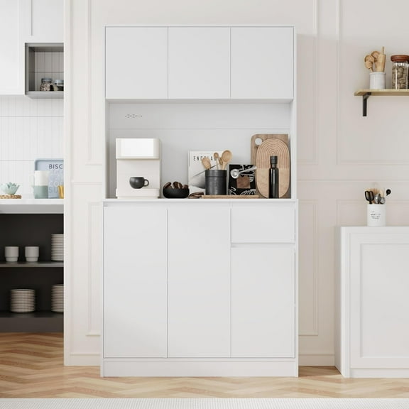71" Tall White Kitchen Pantry Cabinet, Kitchen Pantry Storage Cabinet with Power Outlet, Freestanding Kitchen Hutch with countertop