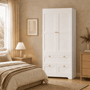DOMVARANIQUE 71" White Wardrobe Closet with 3 Drawers, Hanging Rod, Modern Bedroom Storage for Adults