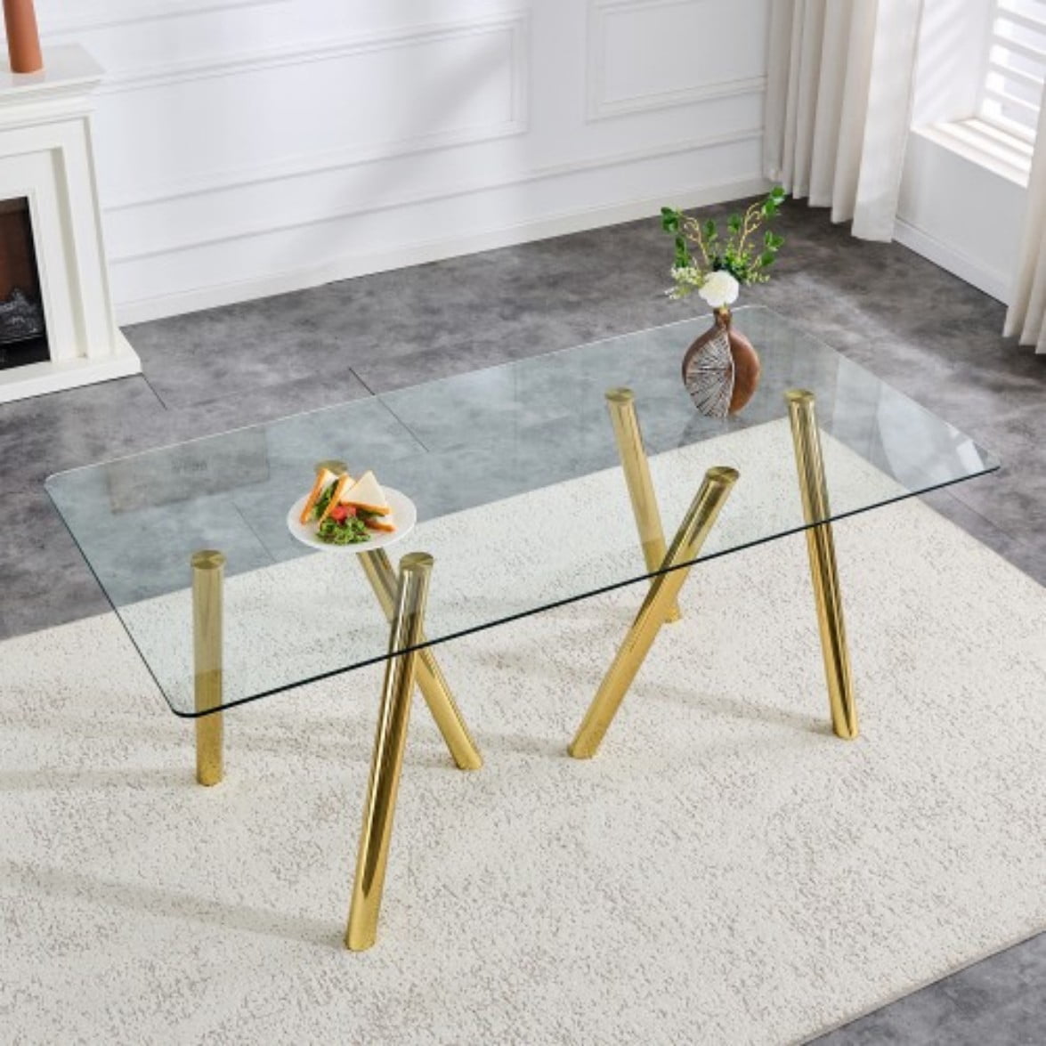 71" Tempered Glass Dining Table, Modern Large Kitchen Table with Sturdy Metal Legs, Round Edge Dining Room Table for Home & Family, Gold