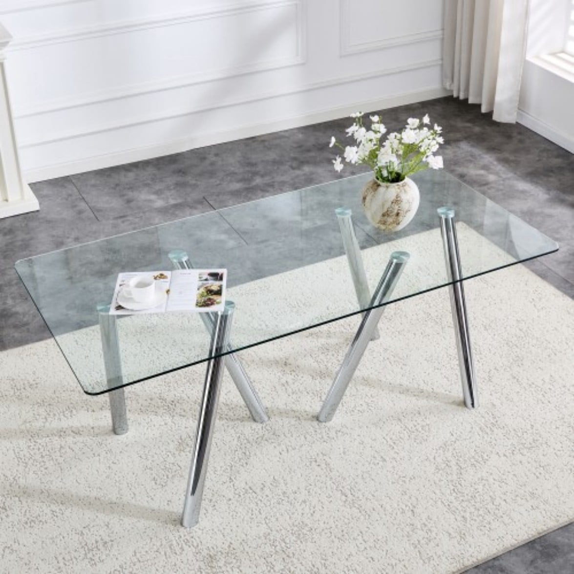 71" Tempered Glass Dining Table, Modern Large Kitchen Table with Sturdy Metal Legs, Round Edge Dining Room Table for Home & Family, Silver