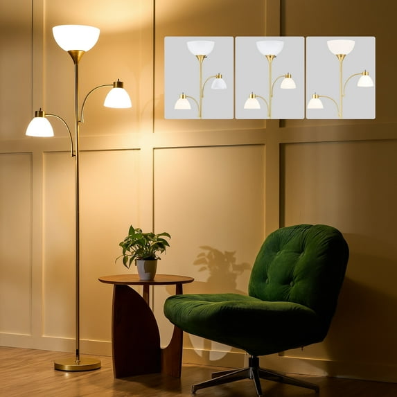 71" Torchiere Floor Lamp with Adjustable Gooseneck Reading Lights Black Tall Standing Lamp 3 LED Bulbs Included, Gold