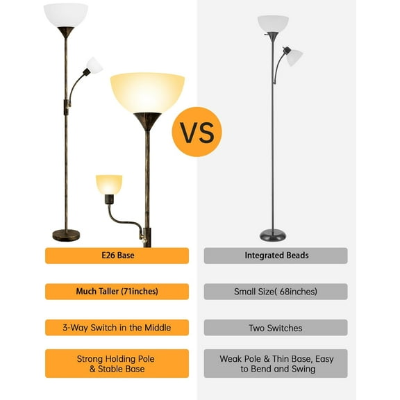 71" Torchiere Floor Lamp with Reading Lamp, Rustic Bronze Floor Lamp (E26 Base, No Bulb) - Modern Living Room & Bedroom Lighting