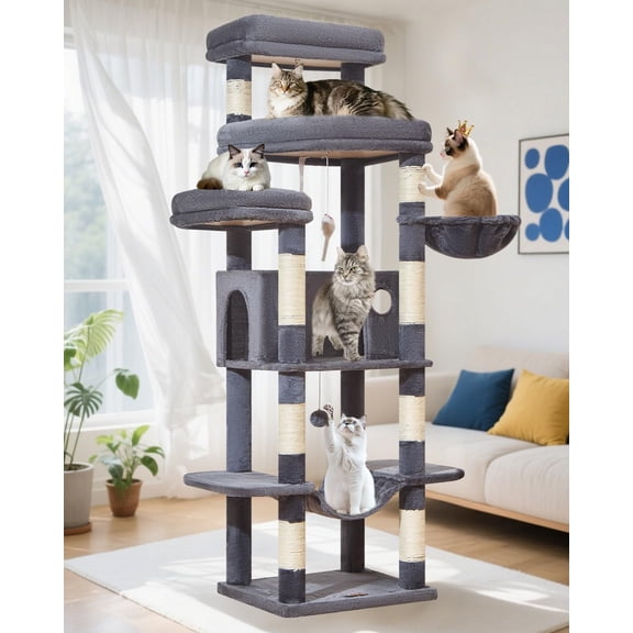 71   Tree for Large Cats 20lbs+, 3 Giant Perches, Multi-Level  Tree Tower, Widened  Condo with 9  Posts, Luxurious Hammcock & Basket, Smoky Gray, MS034G