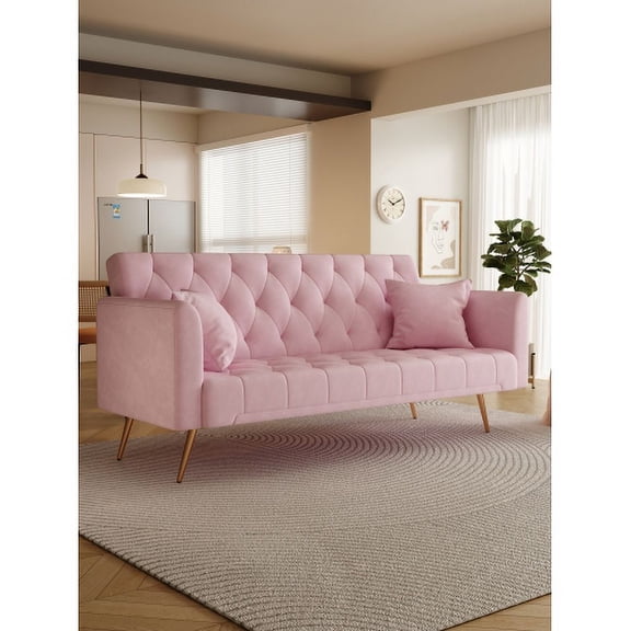 71" Velvet Upholstered Comfy Deep Seat Loveseat, Classic Chesterfield Sofa with Adjustable Back, Chesterfield Loveseat with Convertible Design for Small Living Spaces, Pink