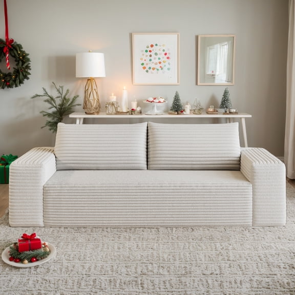 71" W Corduroy Boneless Couch, 3-Seater Compression Sofa with Deep Seat, No Assembly Required, Comfy Loveseat Sofa with 2 Pillows, Sofa Couches for Living Room/Apartment