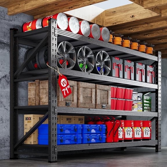 71W Garage Shelving Units, 5000LBS Storage Shelves Heavy Duty, 24" Deep Metal Shelving Rack, 4 Tier Large Tall Industrial Shelving , Adjustable Standing Shelf for Warehouse / Shop 71"W x 24"D x 70"H