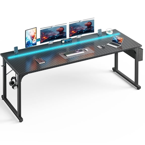 melmine 71"W Inch Computer Desk with Waterproof LED Lights, Side Storage Bag and Hooks, Anti-Tip, Study Desk for Small Spaces,Black