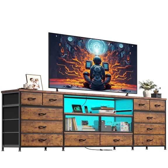 Romorgniz 71" W TV Stand with LED Lights & Charging Station for 60/70/80 Inch TVs,Media Console with 12 Fabric Drawers & Storage Shelves for Living Room,Rustic Brown