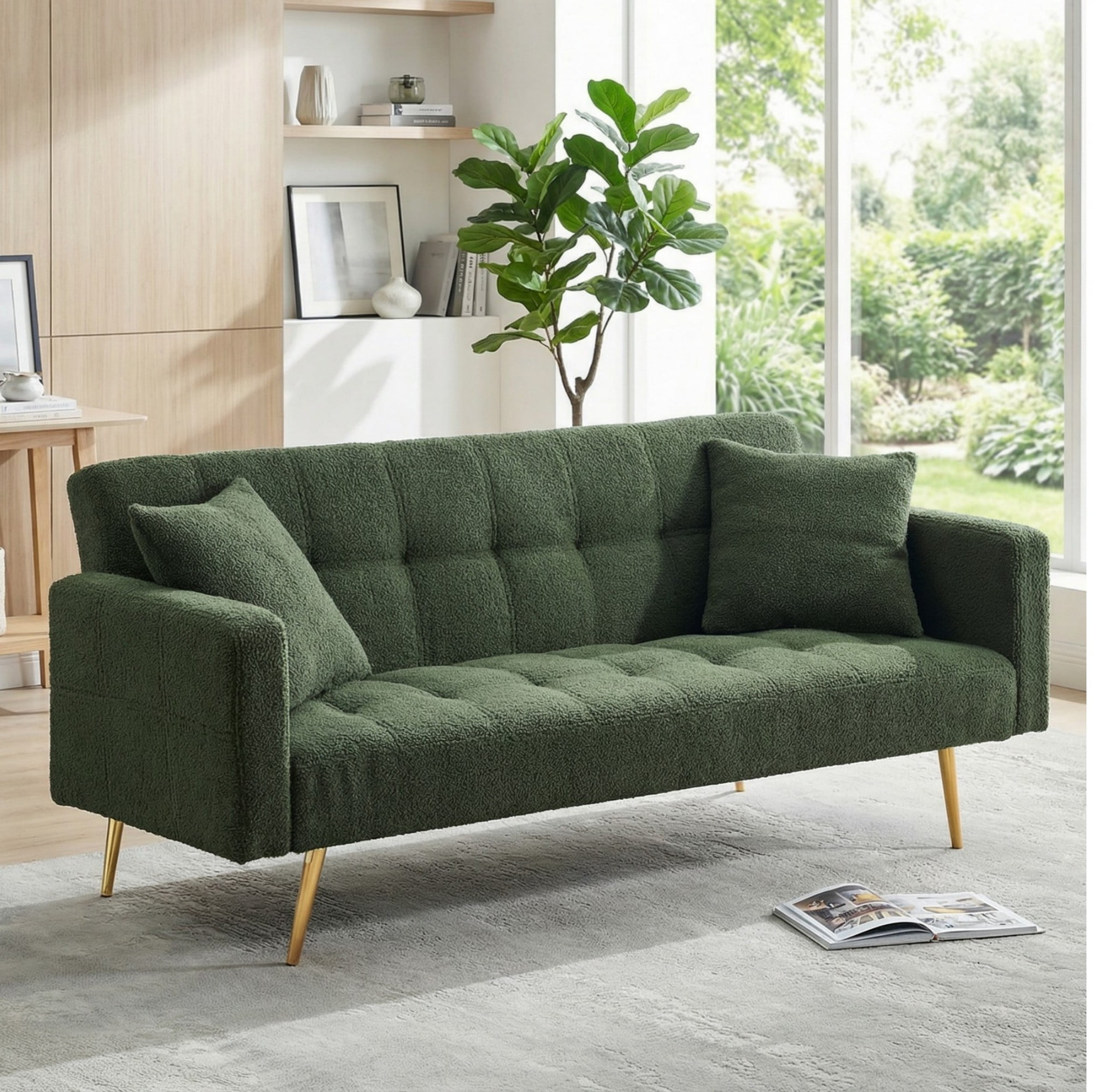 71" W Teddy Convertible Futon Sofa Bed,Modern Upholstered Loveseat Sofa Couch for Living Room,Small Space,Green