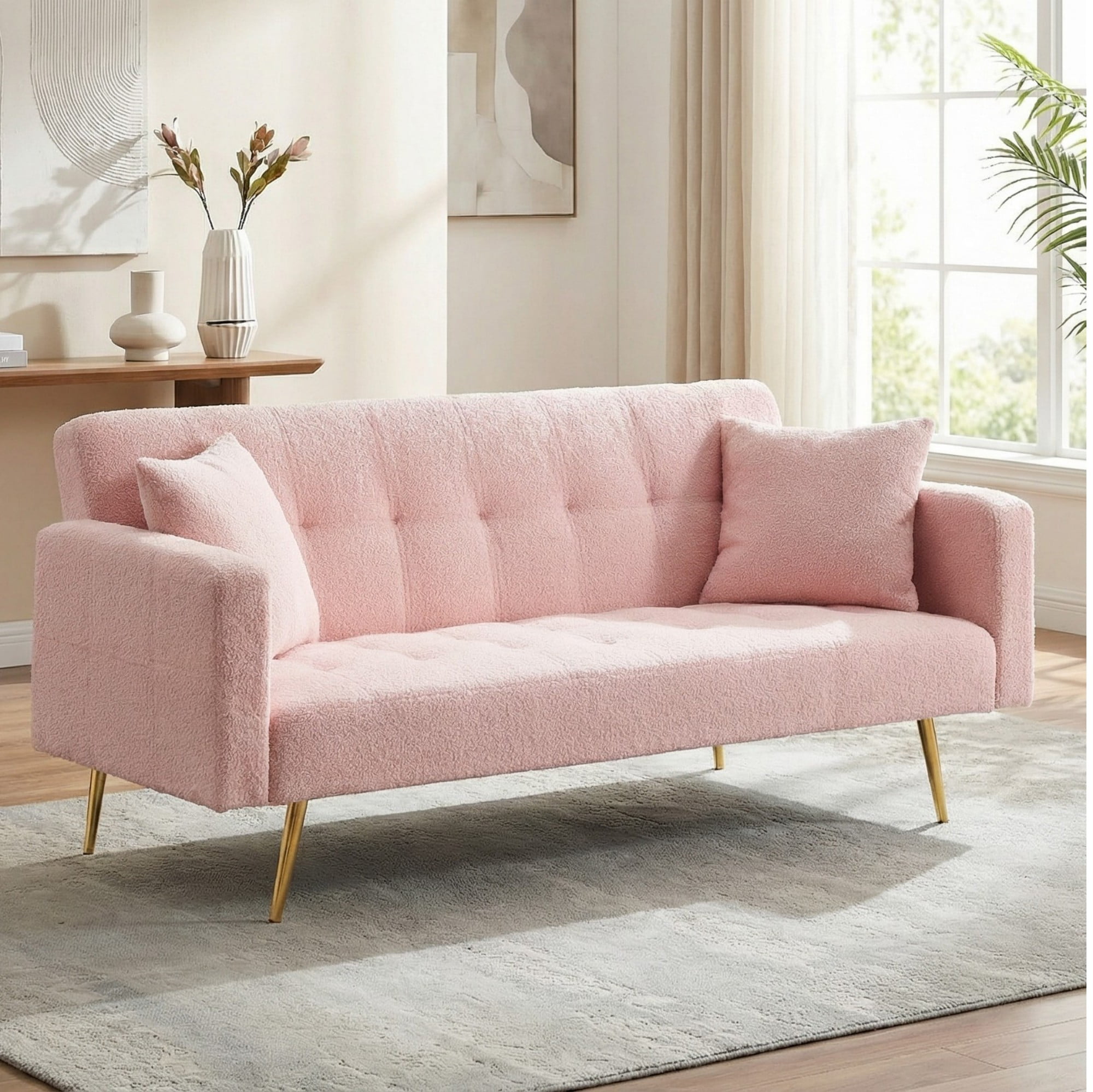 71" W Teddy Convertible Futon Sofa Bed,Modern Upholstered Loveseat Sofa Couch for Living Room,Small Space,Pink