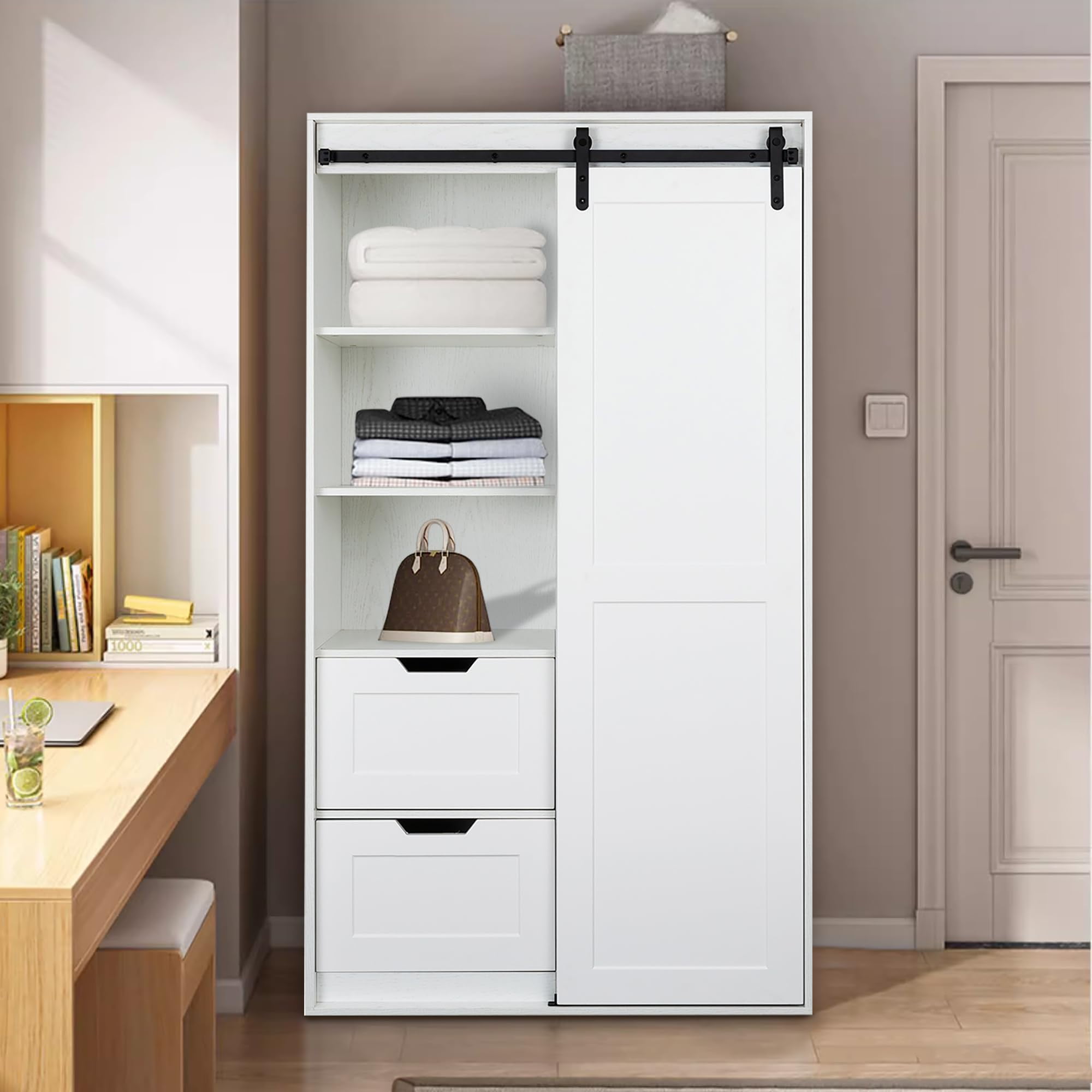 71" Wardrobe and with Hanging Rod with Drawers Wall Clothes Locker Classic Sliding Barn