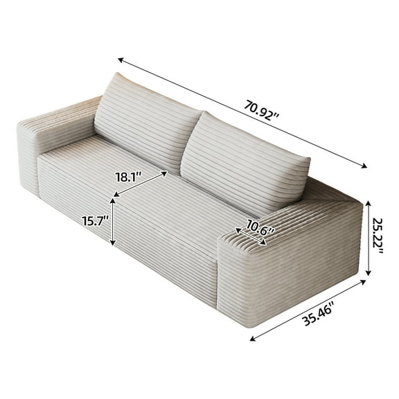 71" White Corduroy 3-Seater Sofa - Plush Deep Seat Couch with No Assembly (70.9"L X 35.5"W X 25.2"H)