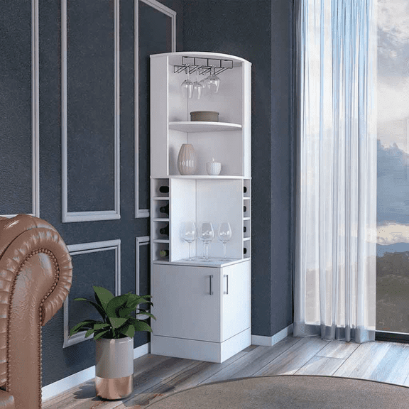 71 White Corner Bar Cabinet  8 Bottle Racks, 12-Glass Holder & Multi-Storage Shelves