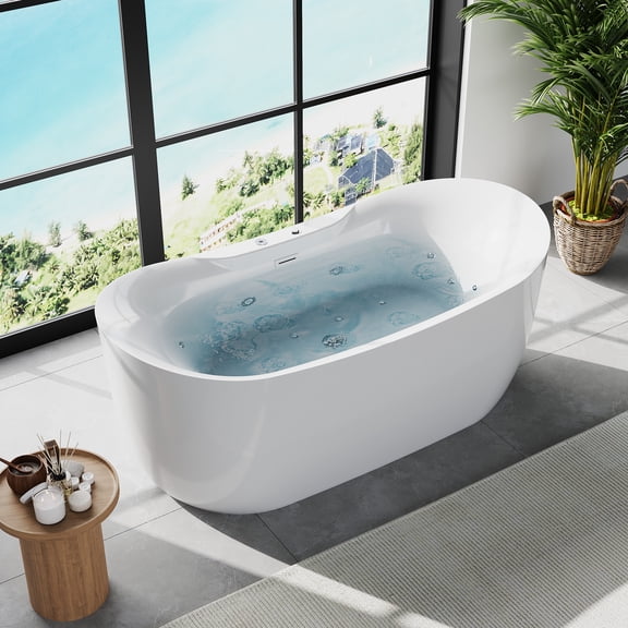 71 in White Freestanding Acrylic Whirlpool Bathtub, Computer Controlled Heated Soaking Tub with Air and Water Jets, Massage Pump System with Constant Temperature