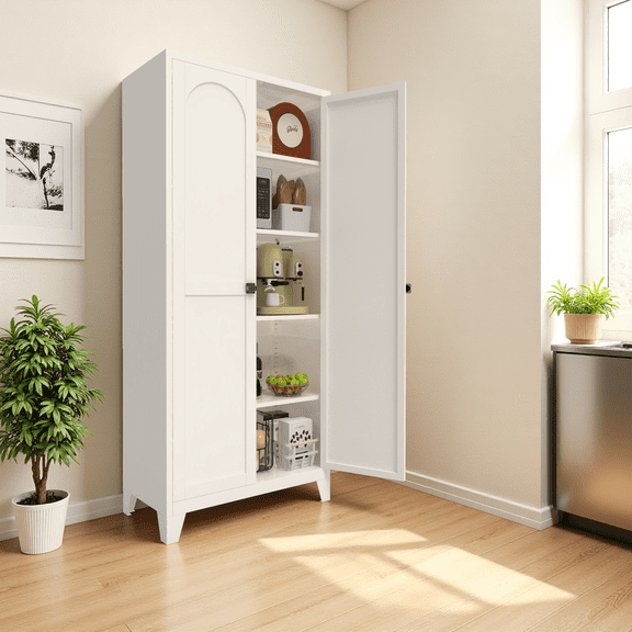 71" White Metal Storage Cabinet with 2 Shapely Doors, Adjustable Shelves for Bedroom, Living Room, Kitchen Organization