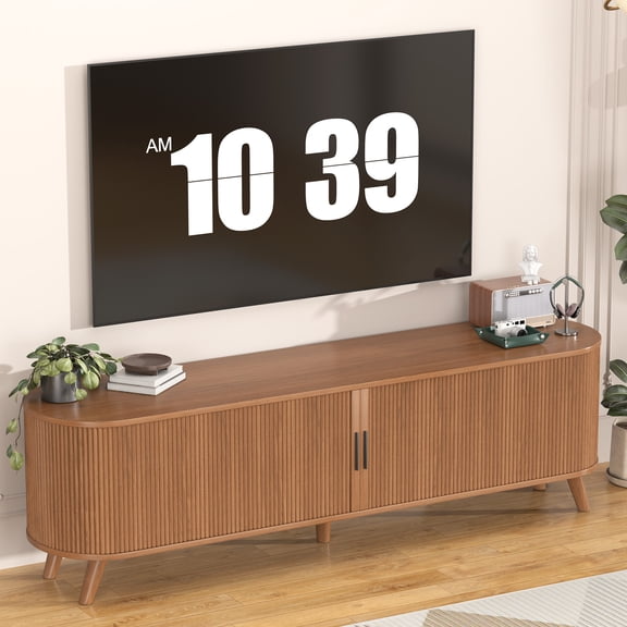 71" Wide Fluted Wood TV Stand for 75 Inch TV, Mid Century Curved Rounded Media Console with 3 Drawers, Adjustable Shelves & Sliding Fluted Doors, Solid Wood Legs Entertainment Center