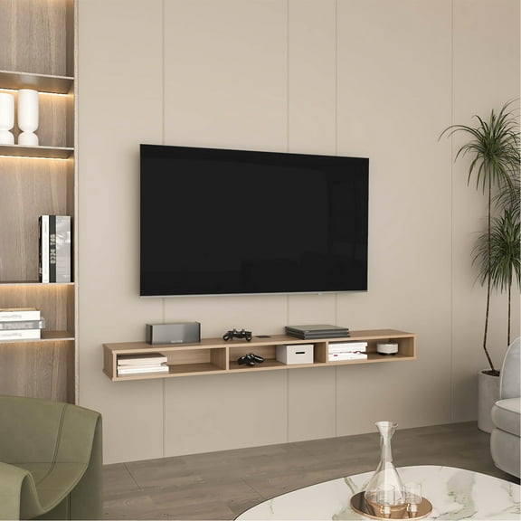 71" Wide Media Console For 60-69" Tvs, 3 Shelves. Natural Oak Wall Mounted Tv Stand With Cable Management Living Room, Bedroom 70" Console, Oak. Shelves
