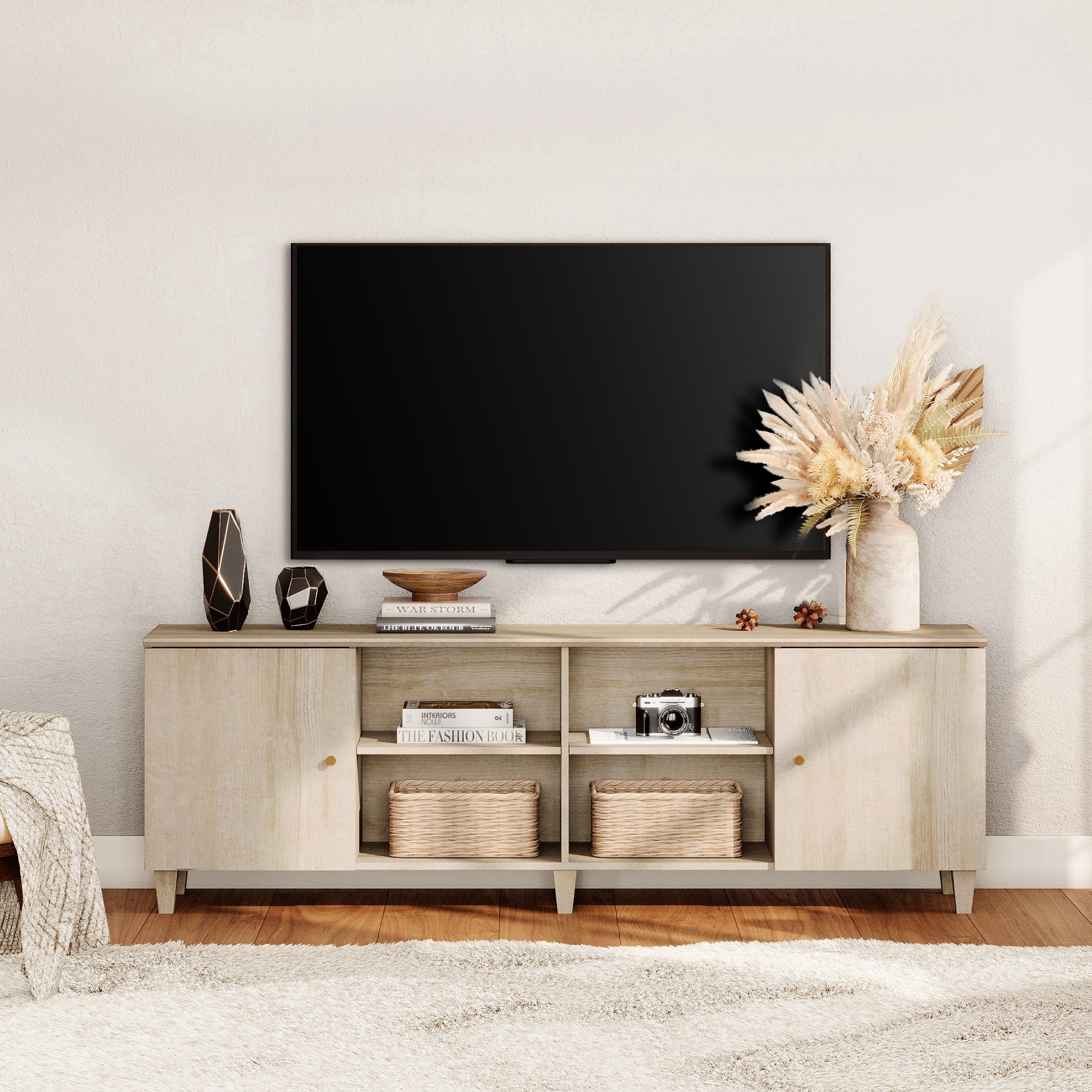 71" Wide TV Stand Cabinet for 75+ Inches TVs, Modern Wood Low Media Console with Door & Shelves, White Oak