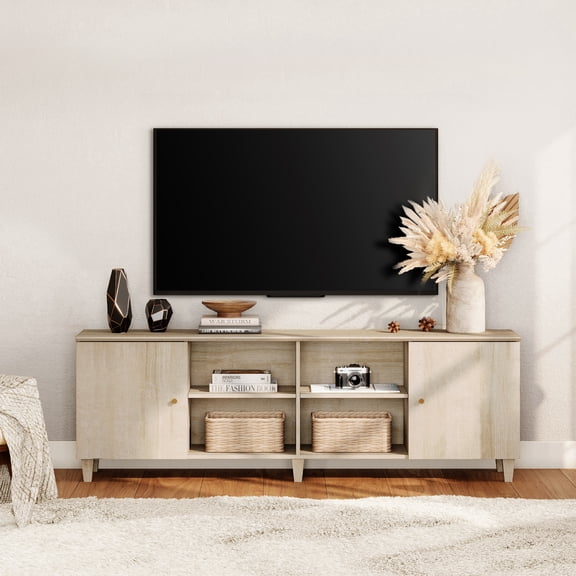 71" Wide TV Stand Cabinet for 75+ Inches TVs, Modern Wood Low Media Console with Door & Shelves, White Oak