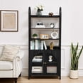 thumbnail image 1 of 71" Wood Bookshelf, Modern Tall Bookcase with Storage & Door of Arched Acrylic, 4-Tier Open Shelves + 2 Tier Cabinet, Book Shelf Display Cabinet for Living Room, Office (Black), 1 of 18