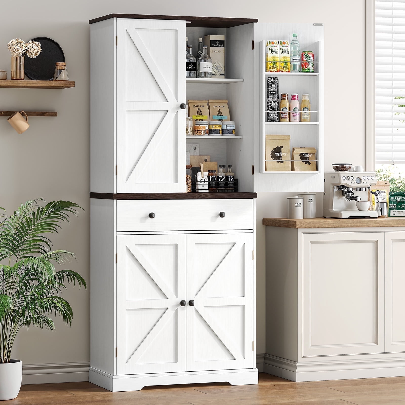 71" Farmhouse Pantry Storage Cabinet with 6 Door Shelves & Drawer, 2 Adjustable Shelves & 4 Barn Doors, Freestanding Cupboard,Off White