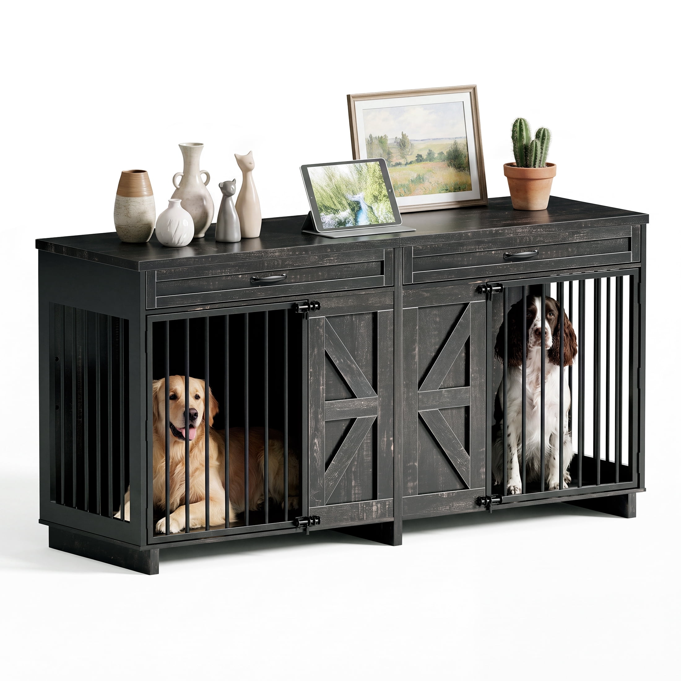 71" Wooden Dog Crate Furniture with Storage Top, Large Dog Cage for Home