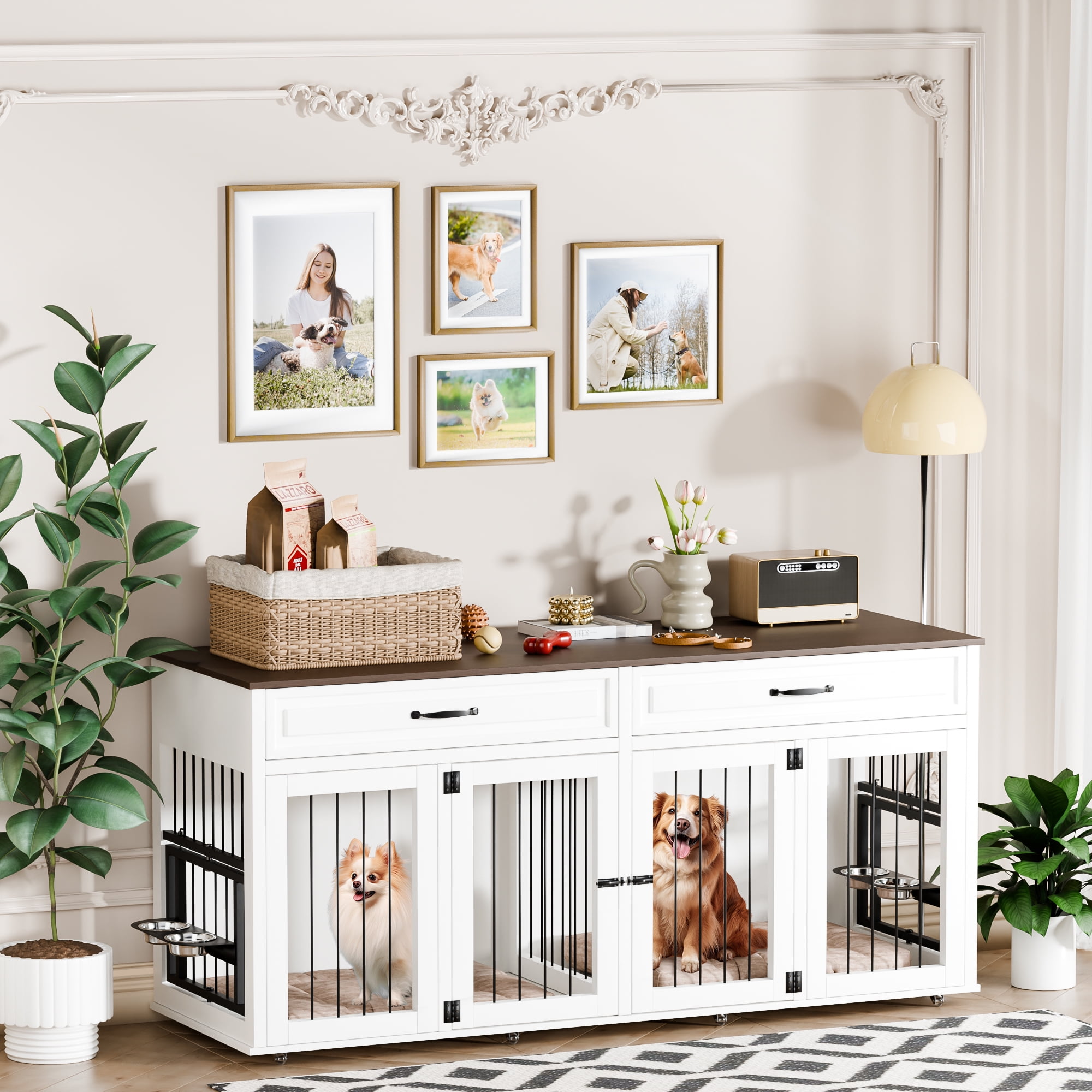 71" White Rolling Large Dog Crate Table with Drawers